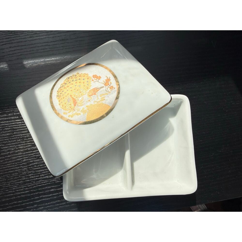 Vintage Chokin Porcelain Trinket Box Butterfly Japan Peacock Gold Gilt Dish